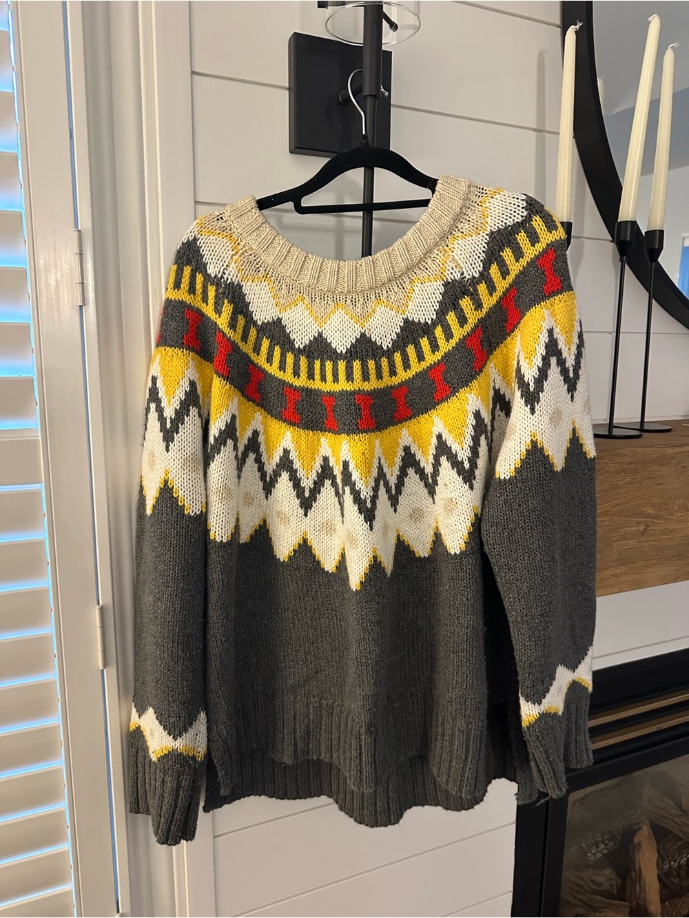aerie Gray Fair Isle Crewneck Sweater with Yellow & Red Accents